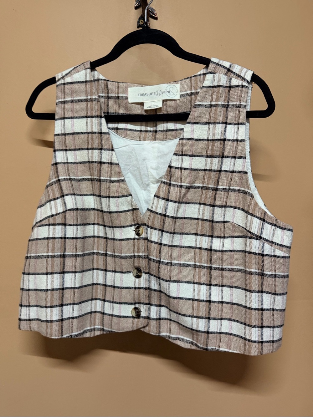 Treasure & Bond Plaid Button-Front Crop Vest - Beige & White - Picture 2 of 8
